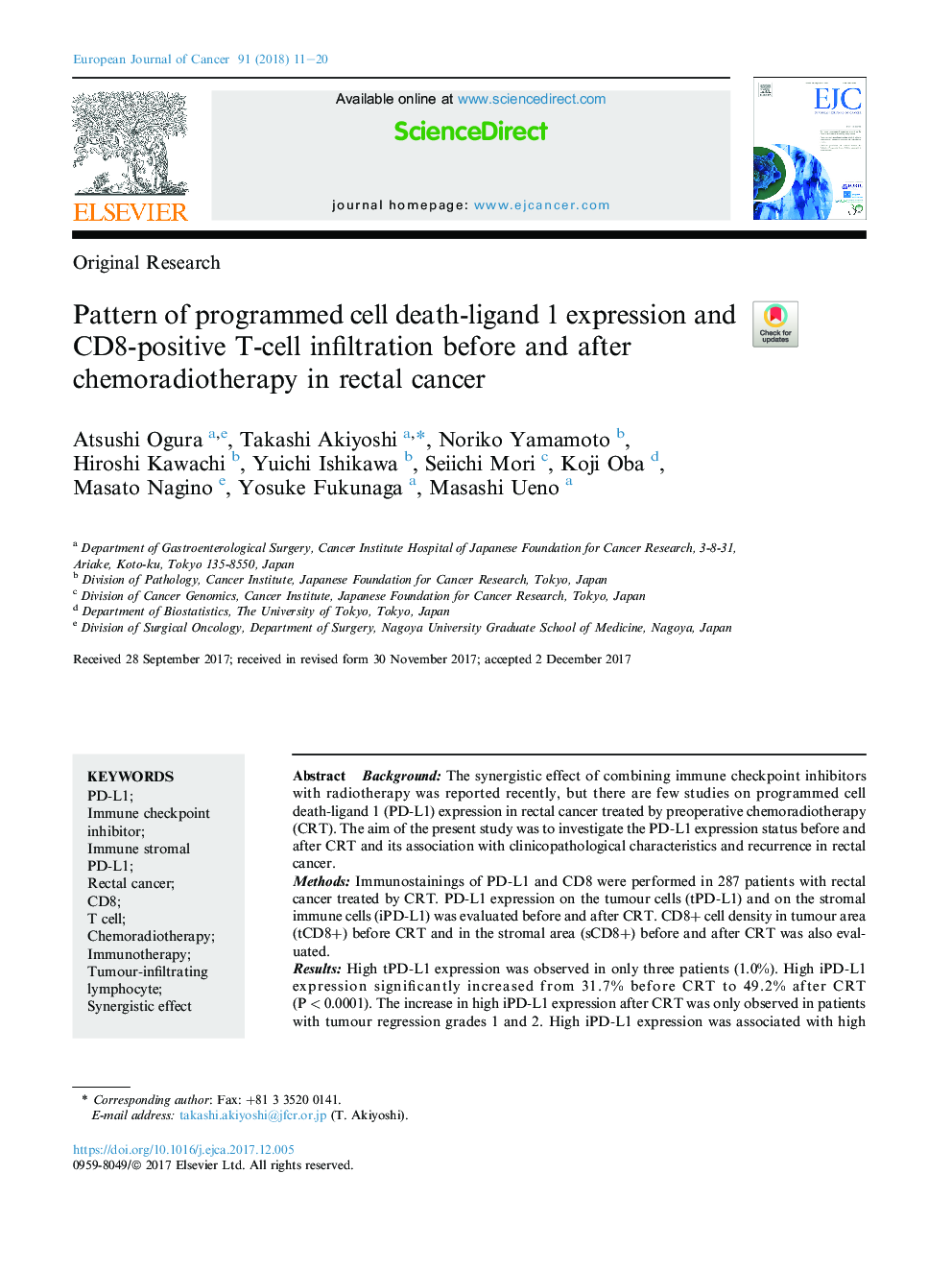 Pattern of programmed cell death-ligand 1 expression and CD8-positive T-cell infiltration before and after chemoradiotherapy in rectal cancer