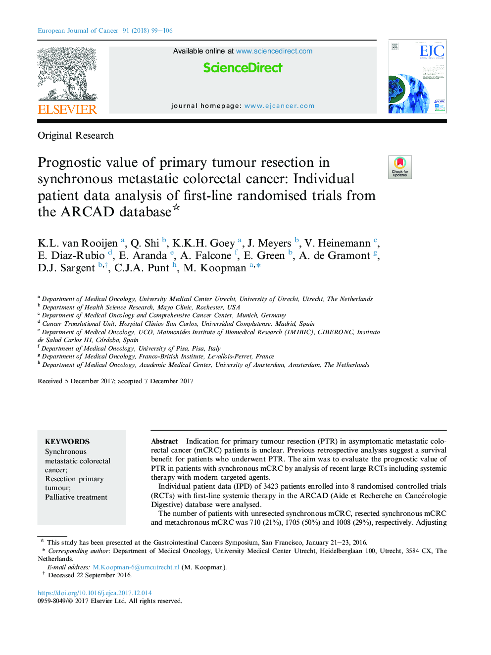 Prognostic value of primary tumour resection in synchronous metastatic colorectal cancer: Individual patient data analysis of first-line randomised trials from the ARCAD database