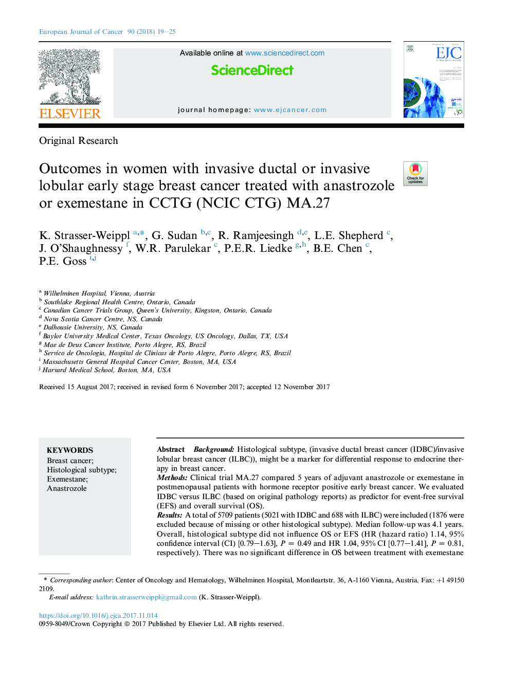 Outcomes in women with invasive ductal or invasive lobular early stage breast cancer treated with anastrozole or exemestane in CCTG (NCIC CTG) MA.27