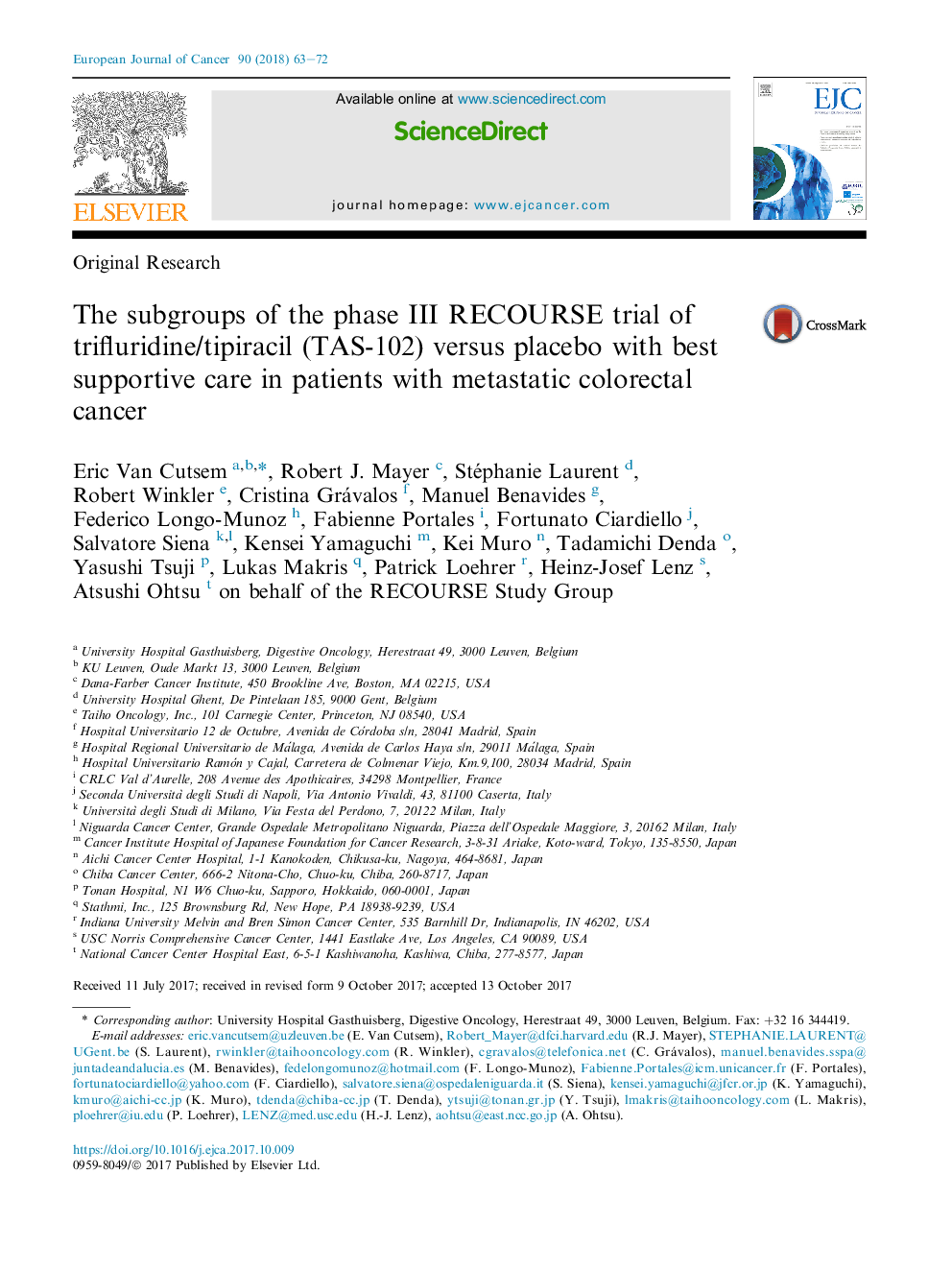 The subgroups of the phase III RECOURSE trial of trifluridine/tipiracil (TAS-102) versus placebo with best supportive care in patients with metastatic colorectal cancer