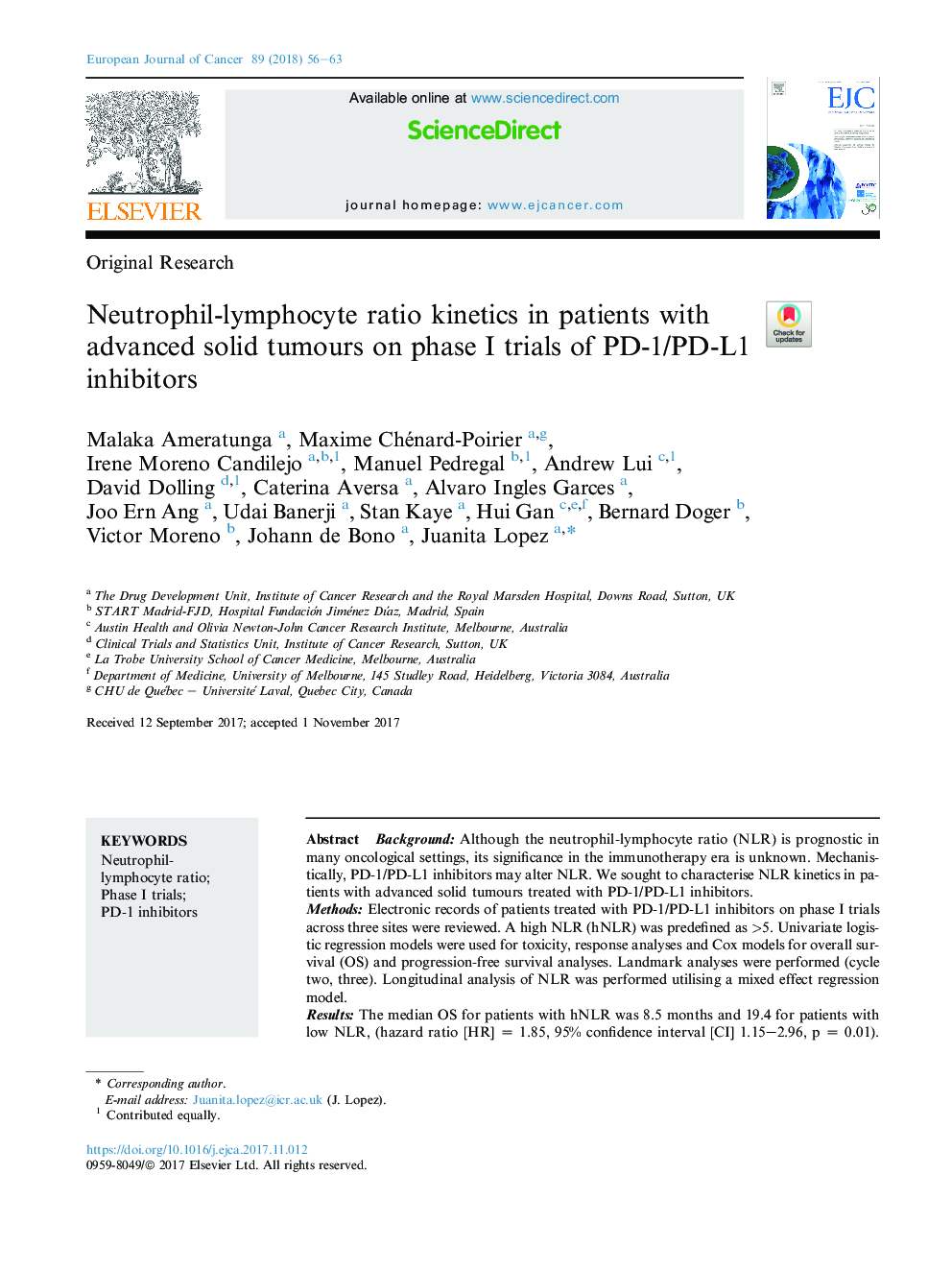 Neutrophil-lymphocyte ratio kinetics in patients with advanced solid tumours on phase I trials of PD-1/PD-L1 inhibitors