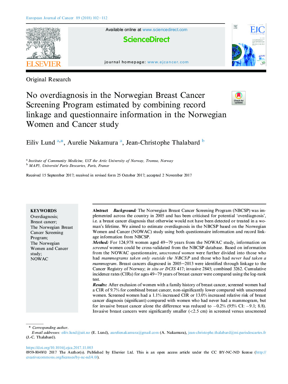 No overdiagnosis in the Norwegian Breast Cancer Screening Program estimated by combining record linkage and questionnaire information in the Norwegian Women and Cancer study