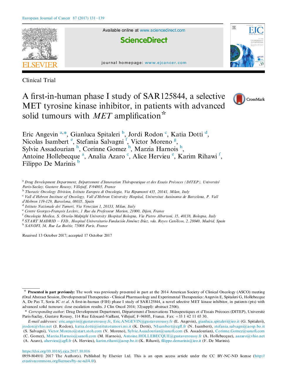 A first-in-human phase I study of SAR125844, a selective MET tyrosine kinase inhibitor, in patients with advanced solid tumours with MET amplification