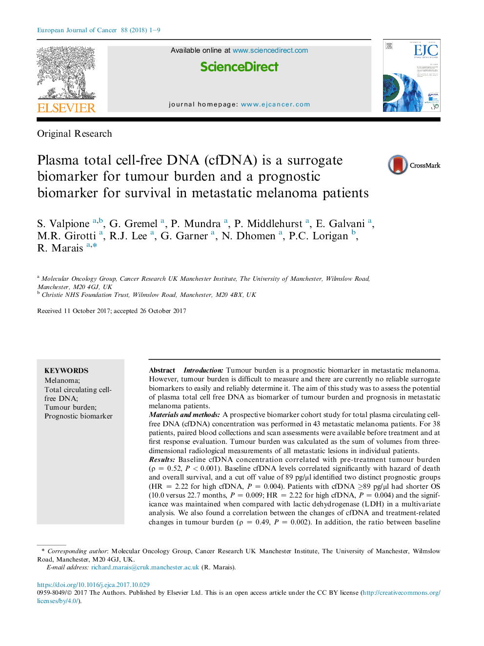 Plasma total cell-free DNA (cfDNA) is a surrogate biomarker for tumour burden and a prognostic biomarker for survival in metastatic melanoma patients