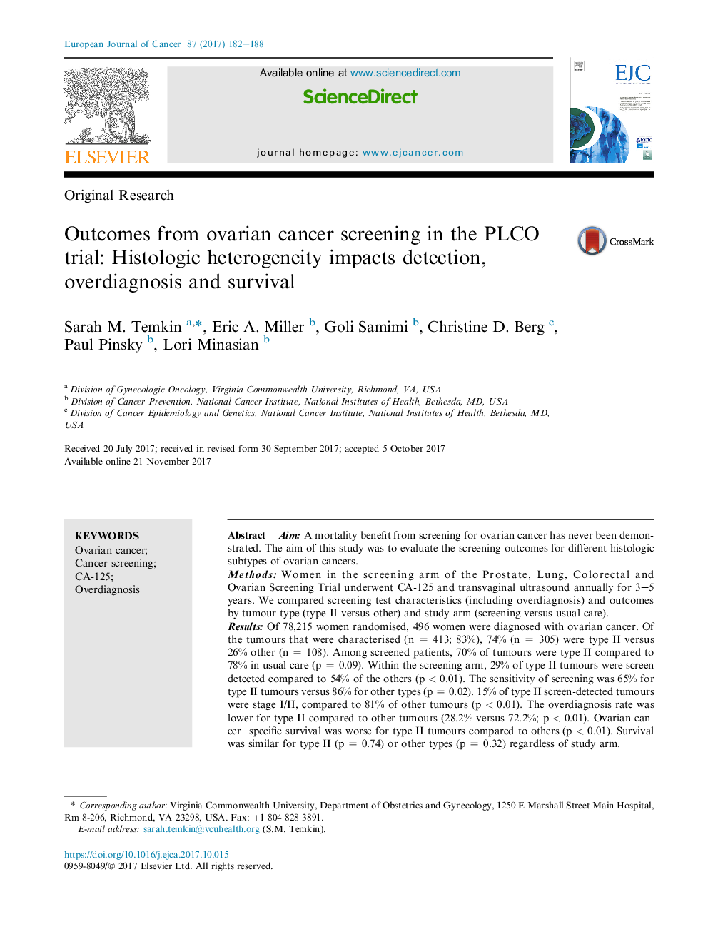 Outcomes from ovarian cancer screening in the PLCO trial: Histologic heterogeneity impacts detection, overdiagnosis and survival