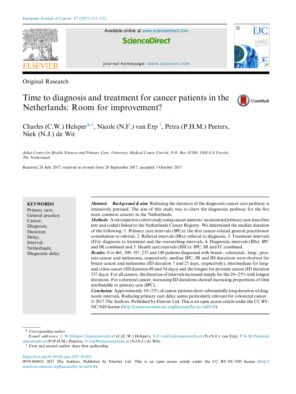 Time to diagnosis and treatment for cancer patients in the Netherlands: Room for improvement?