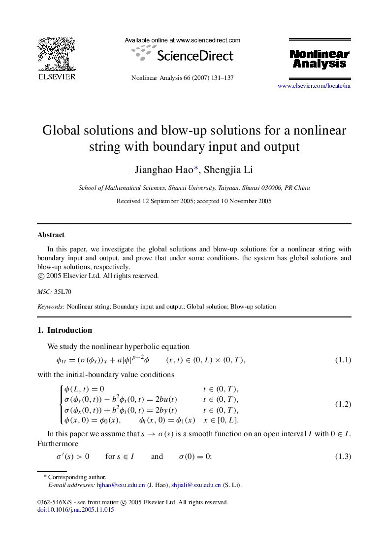 Global solutions and blow-up solutions for a nonlinear string with boundary input and output