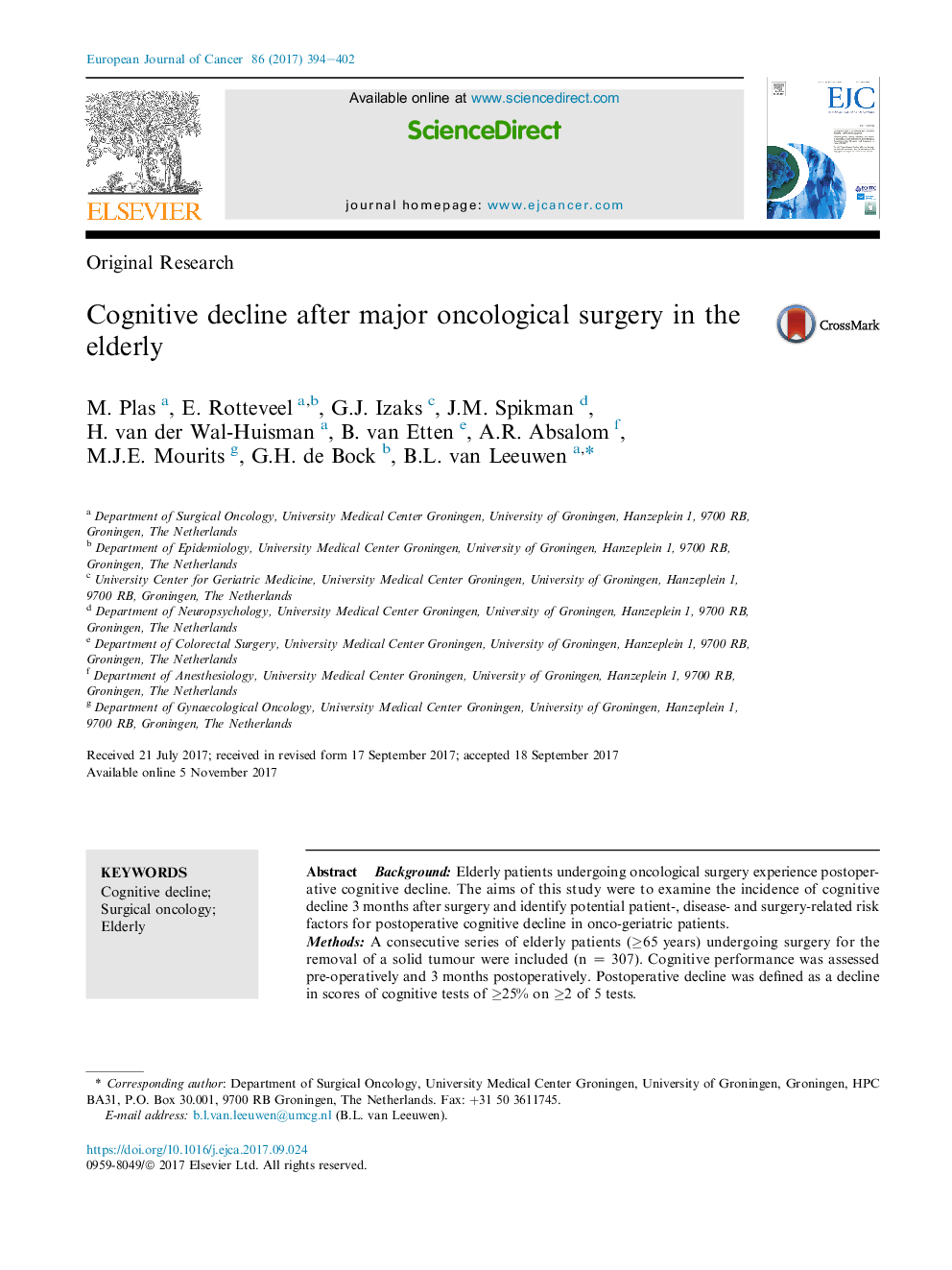 Cognitive decline after major oncological surgery in the elderly