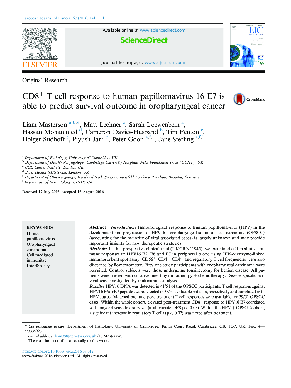 CD8+ T cell response to human papillomavirus 16 E7 is able to predict survival outcome in oropharyngeal cancer