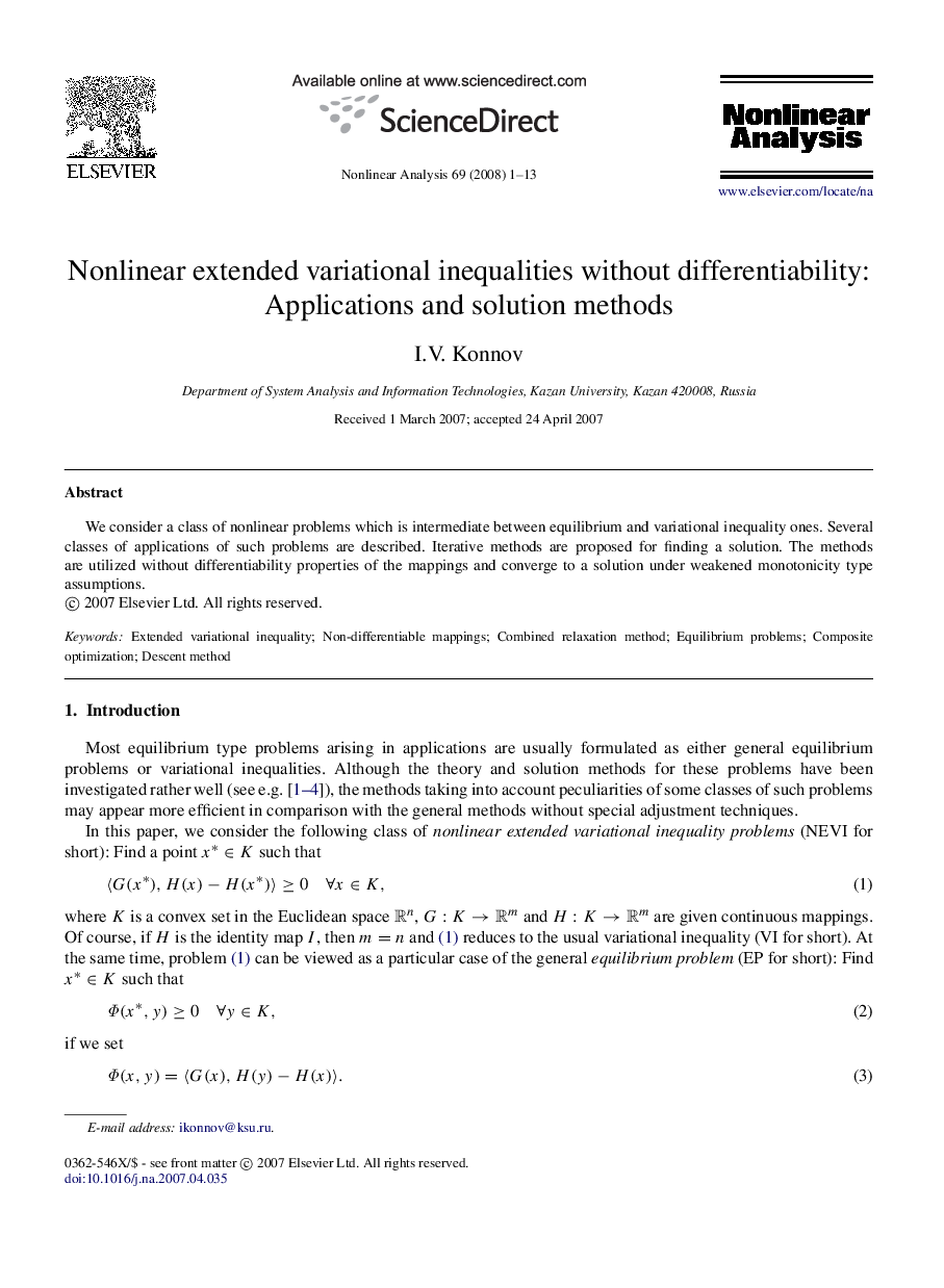 Nonlinear extended variational inequalities without differentiability: Applications and solution methods