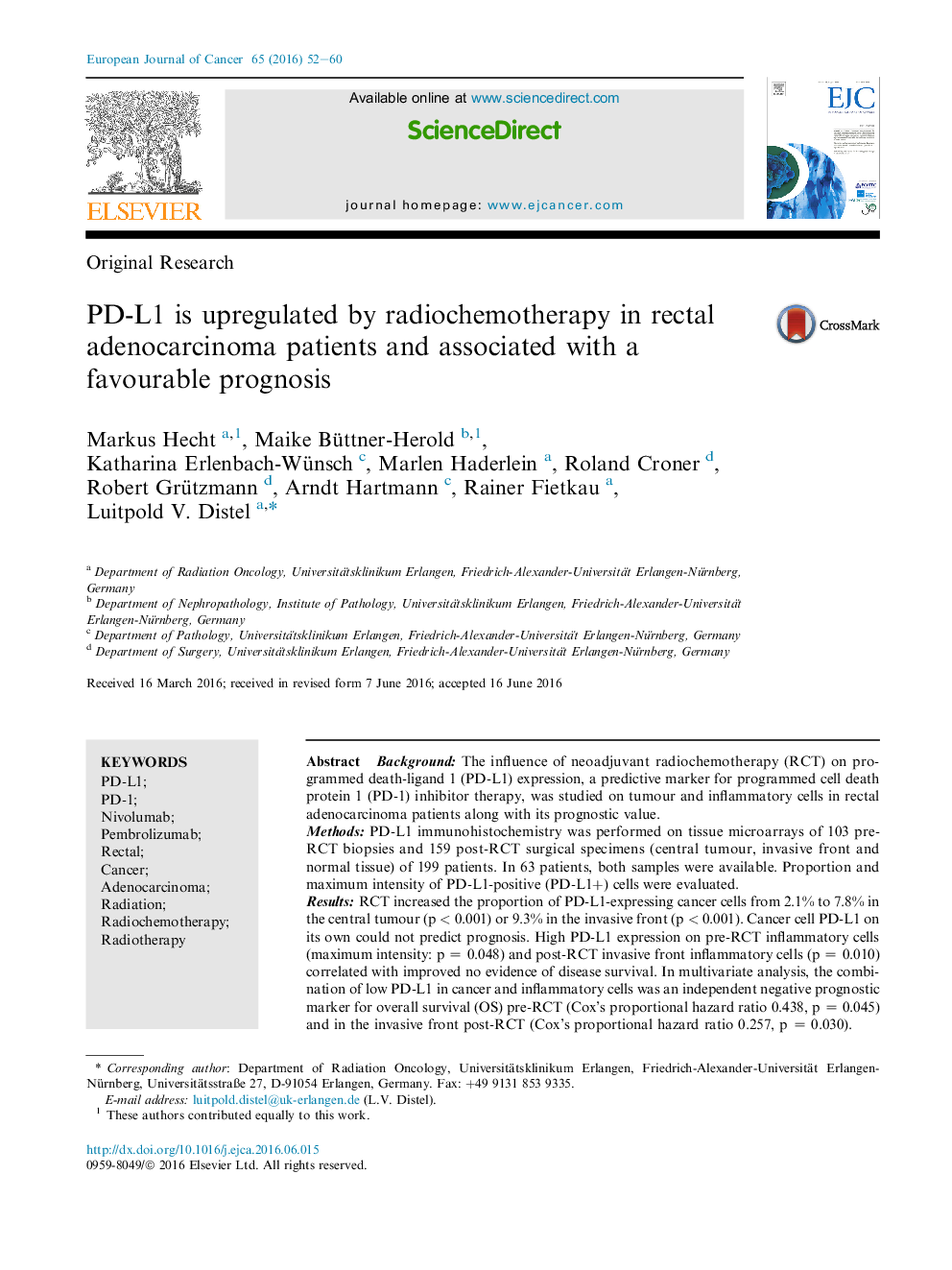 PD-L1 is upregulated by radiochemotherapy in rectal adenocarcinoma patients and associated with a favourable prognosis