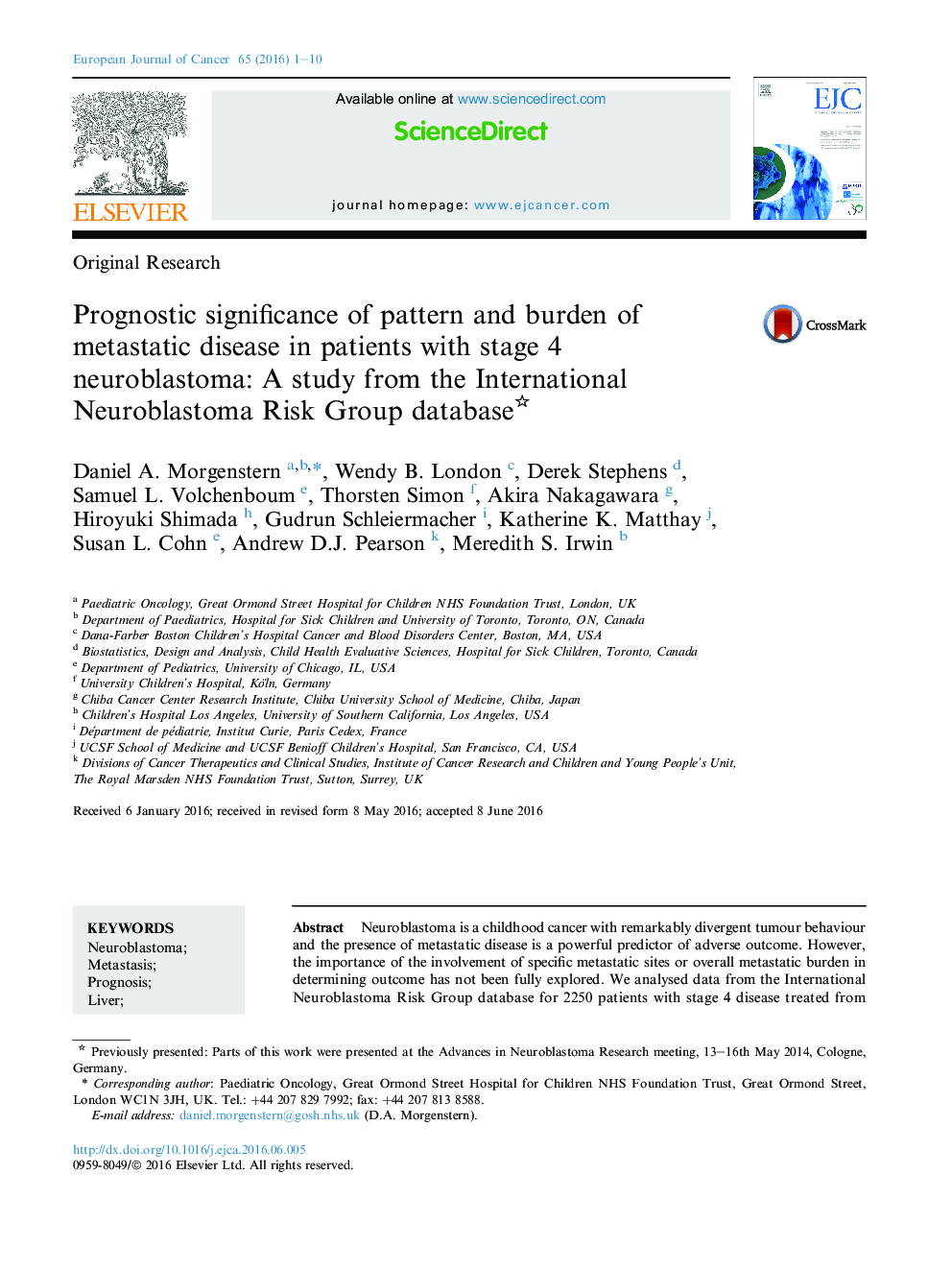 Prognostic significance of pattern and burden of metastatic disease in patients with stage 4 neuroblastoma:Â A study from the International Neuroblastoma Risk Group database