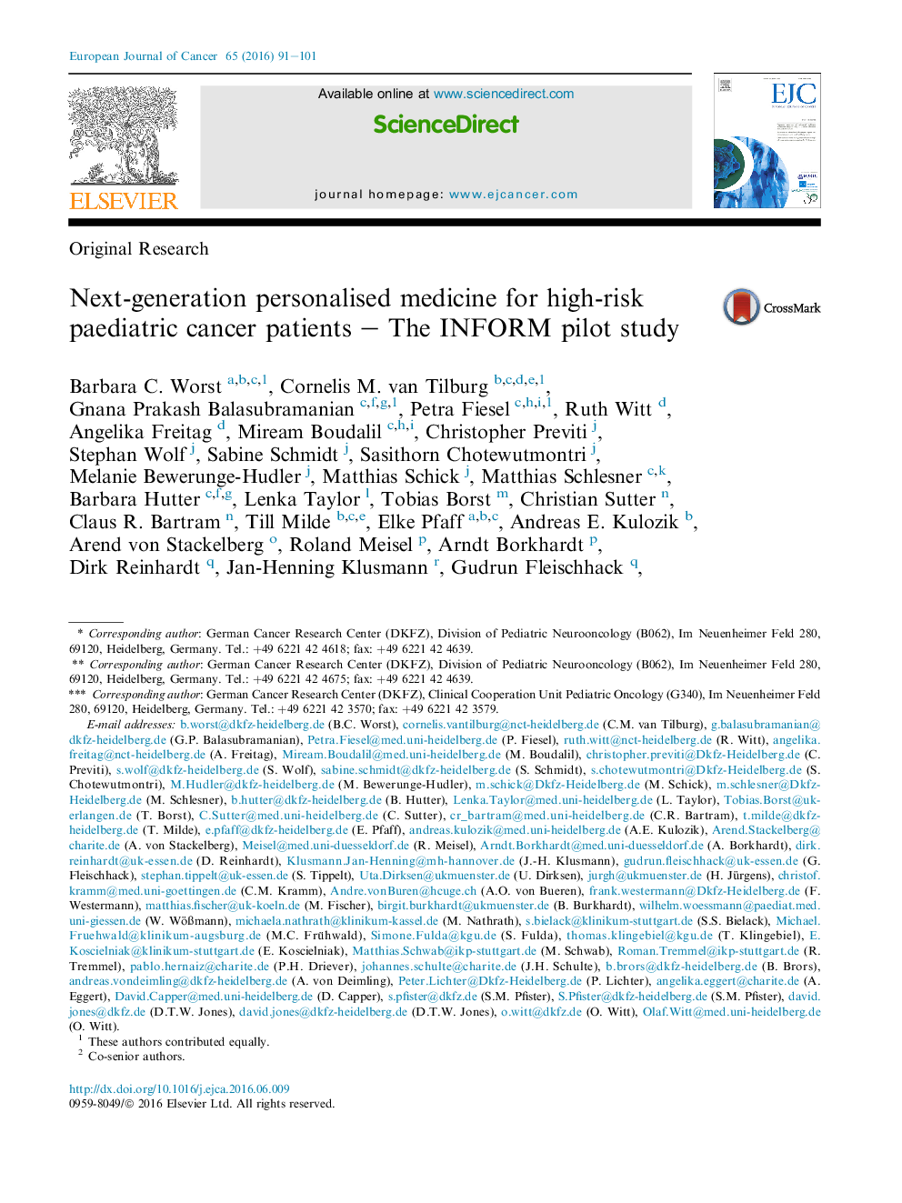 Next-generation personalised medicine for high-risk paediatric cancer patients - The INFORM pilot study