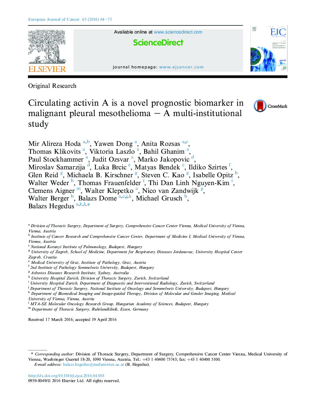 Circulating activin A is a novel prognostic biomarker in malignant pleural mesothelioma - A multi-institutional study