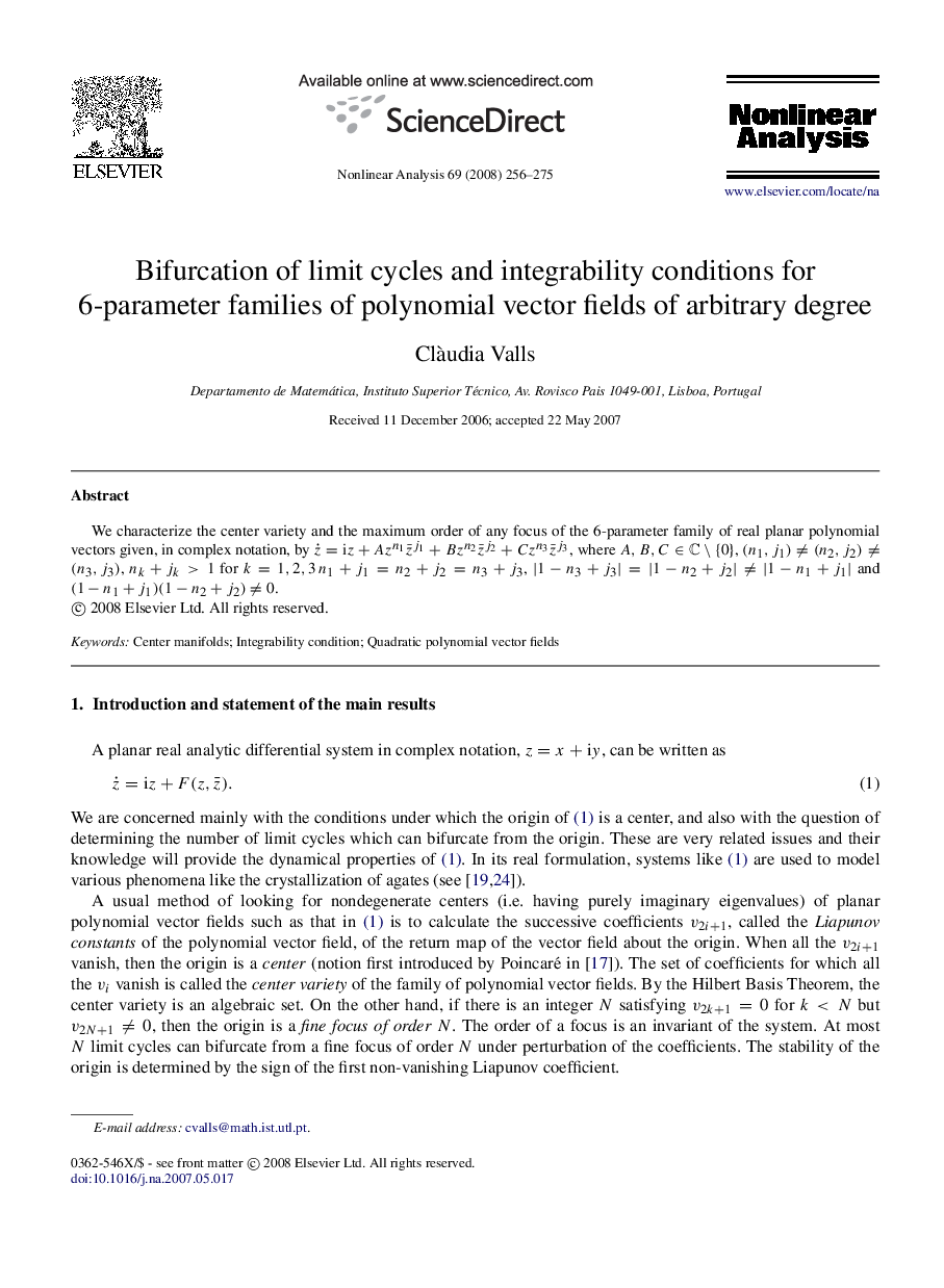 Bifurcation of limit cycles and integrability conditions for 6-parameter families of polynomial vector fields of arbitrary degree