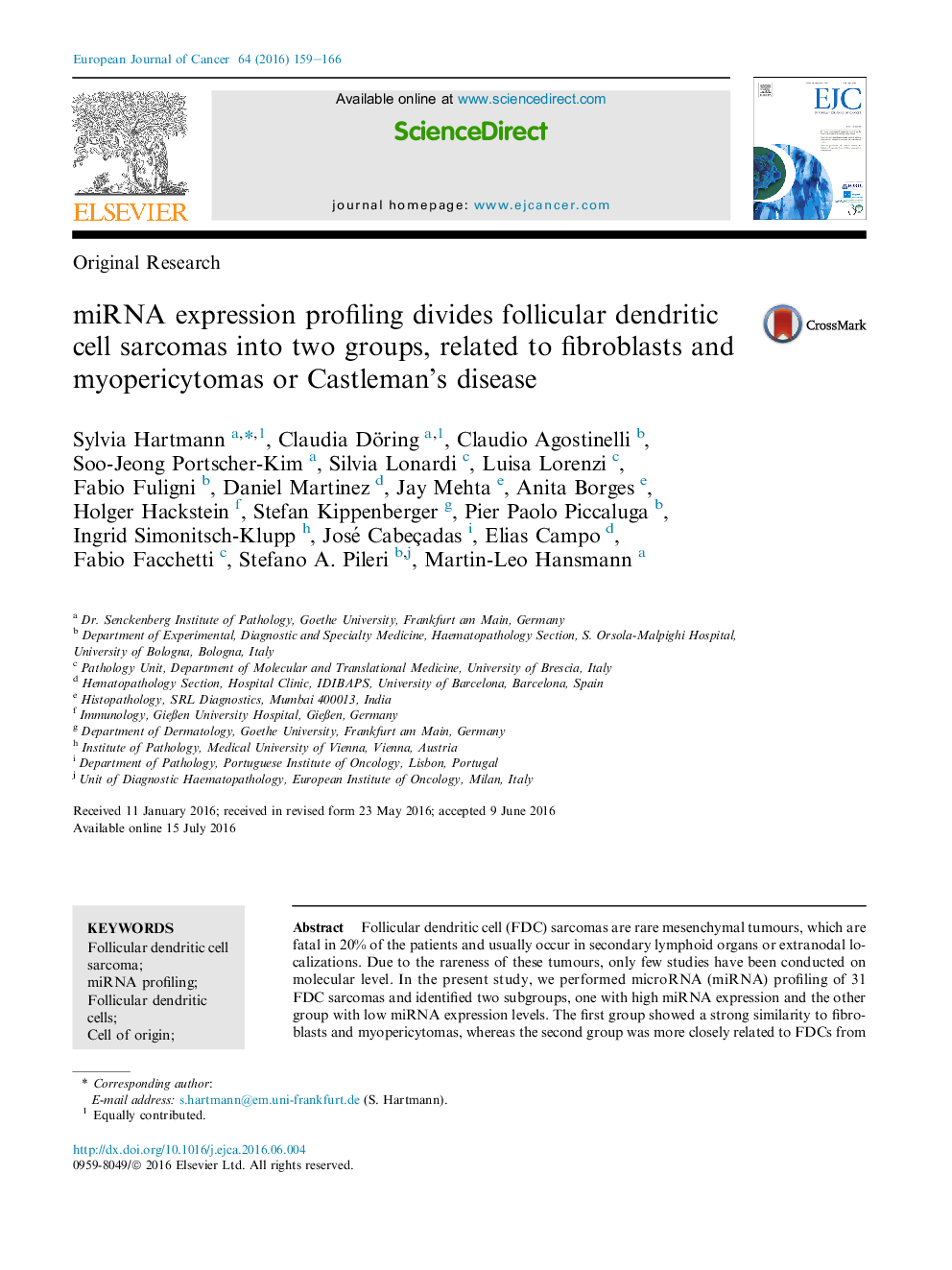 miRNA expression profiling divides follicular dendritic cell sarcomas into two groups, related to fibroblasts and myopericytomas or Castleman's disease