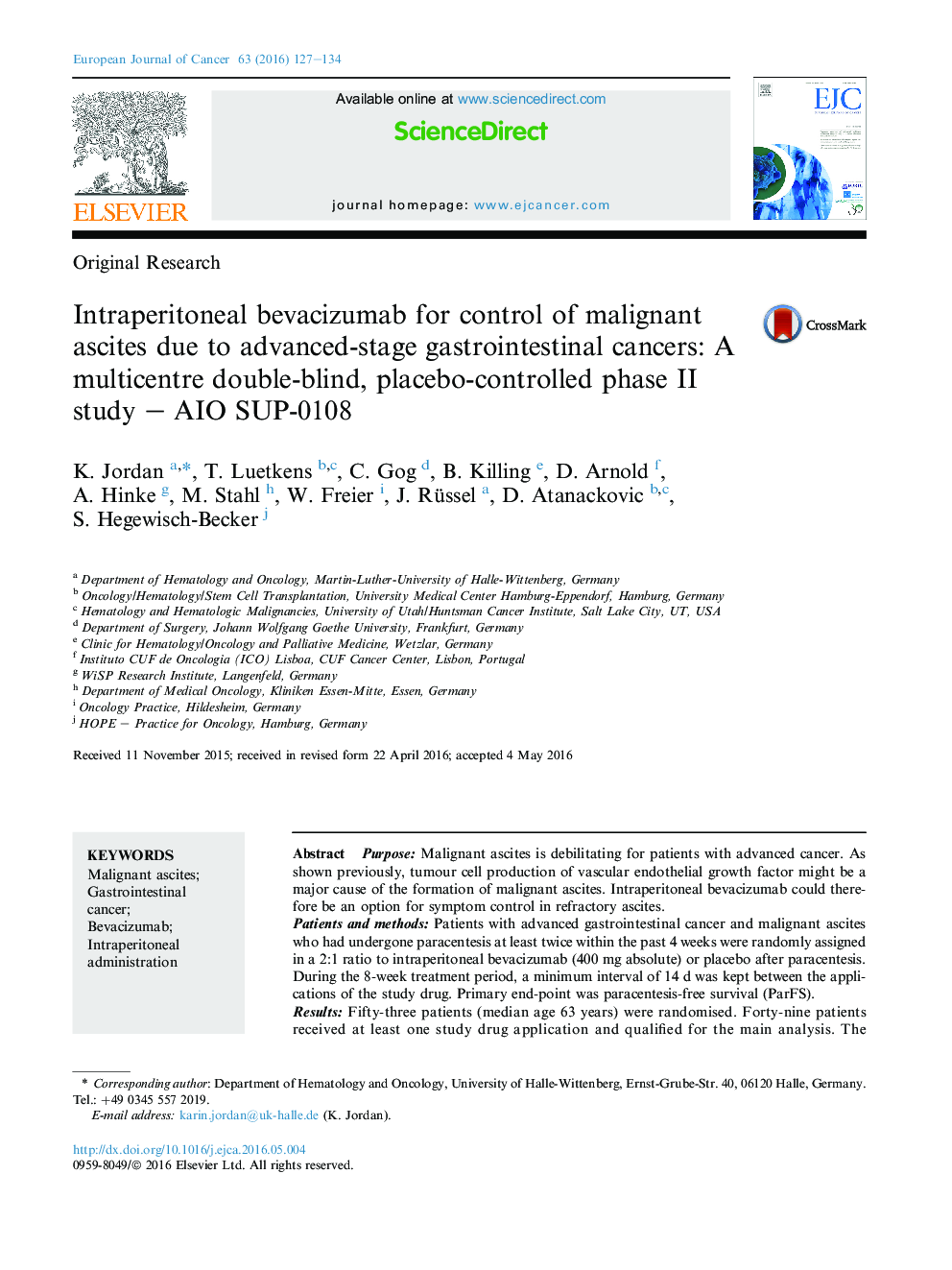 Intraperitoneal bevacizumab for control of malignant ascites due to advanced-stage gastrointestinal cancers: A multicentre double-blind, placebo-controlled phase II study - AIO SUP-0108