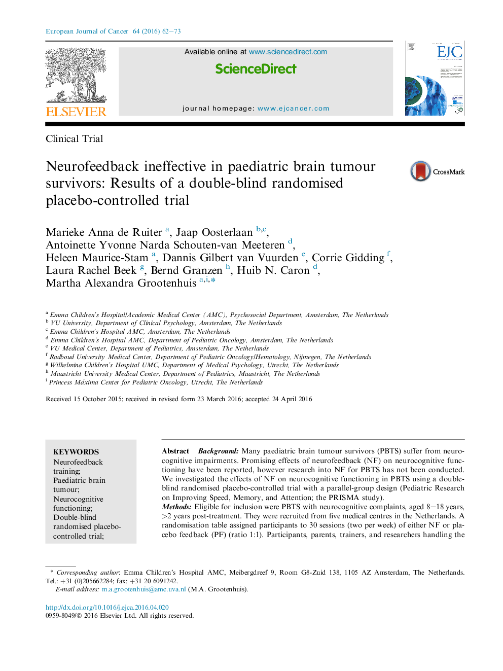 Neurofeedback ineffective in paediatric brain tumour survivors: Results of a double-blind randomised placebo-controlled trial