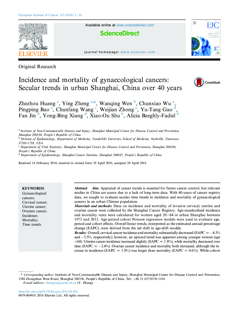 Incidence and mortality of gynaecological cancers: Secular trends in urban Shanghai, China over 40 years