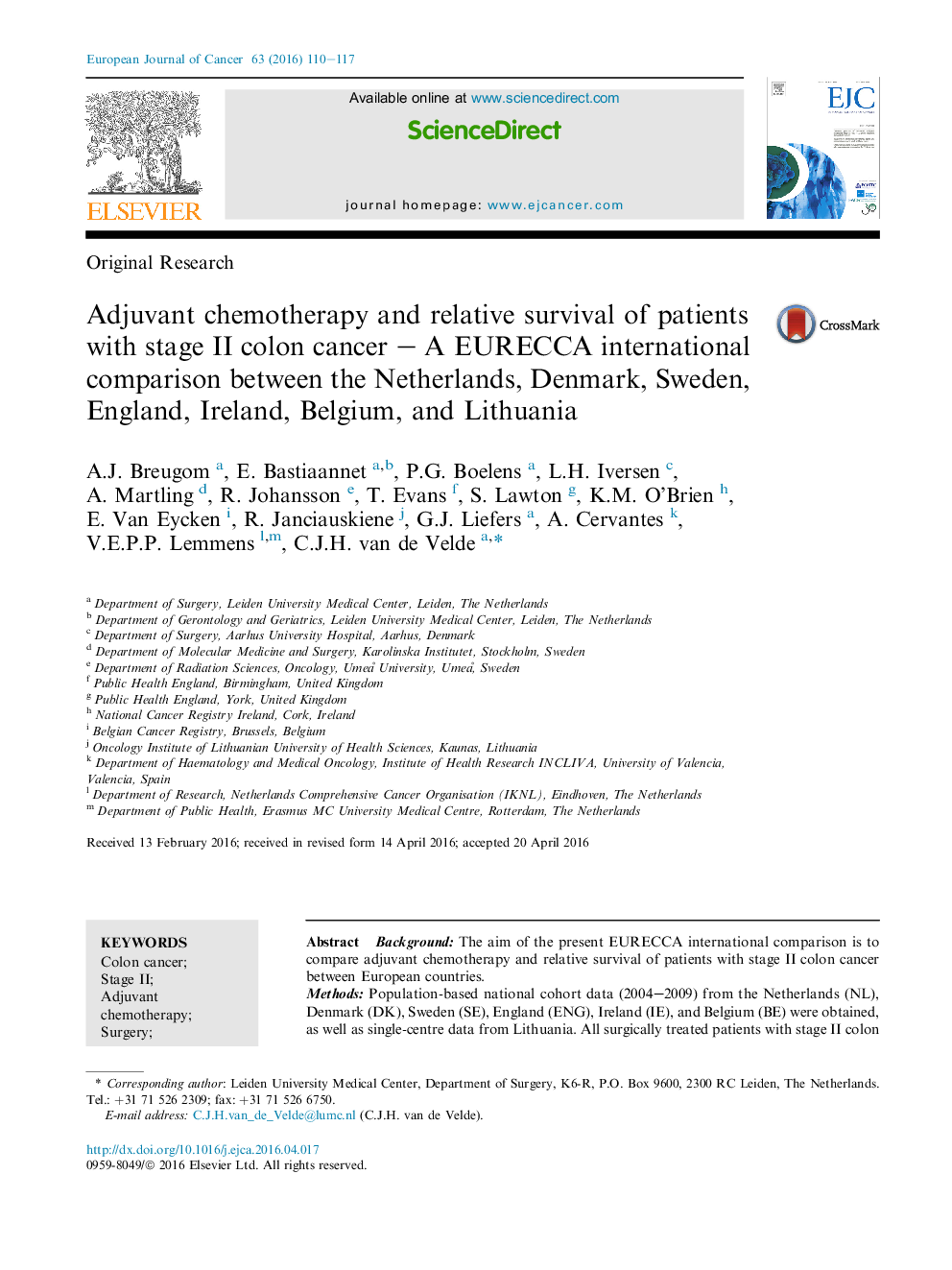 Adjuvant chemotherapy and relative survival of patients with stage II colon cancer - A EURECCA international comparison between the Netherlands, Denmark, Sweden, England, Ireland, Belgium, and Lithuania