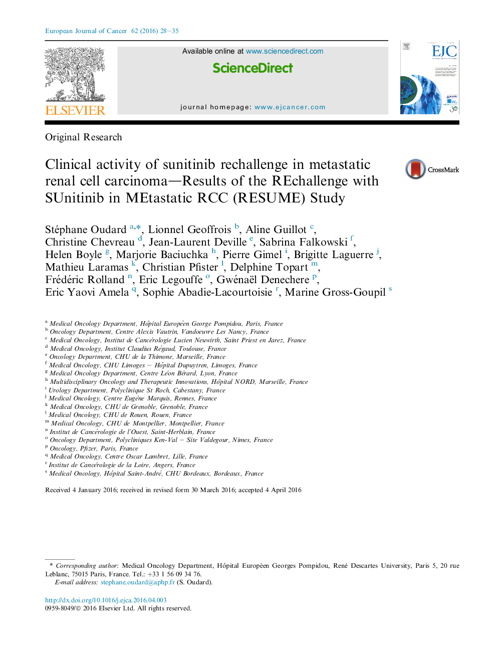 Clinical activity of sunitinib rechallenge in metastatic renal cell carcinoma-Results of the REchallenge with SUnitinib in MEtastatic RCC (RESUME) Study