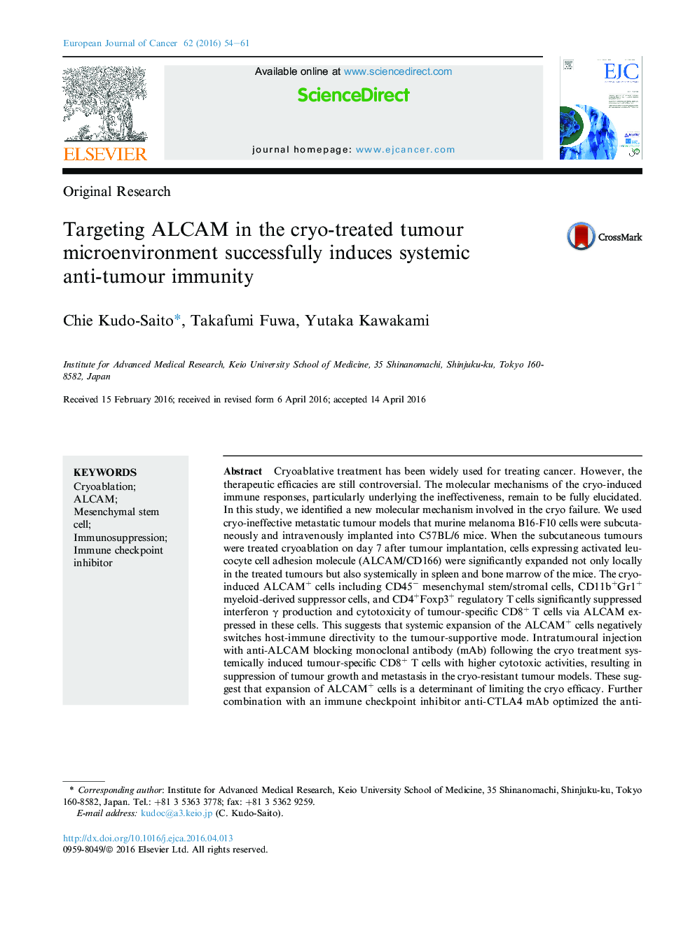 Targeting ALCAM in the cryo-treated tumour microenvironment successfully induces systemic anti-tumour immunity