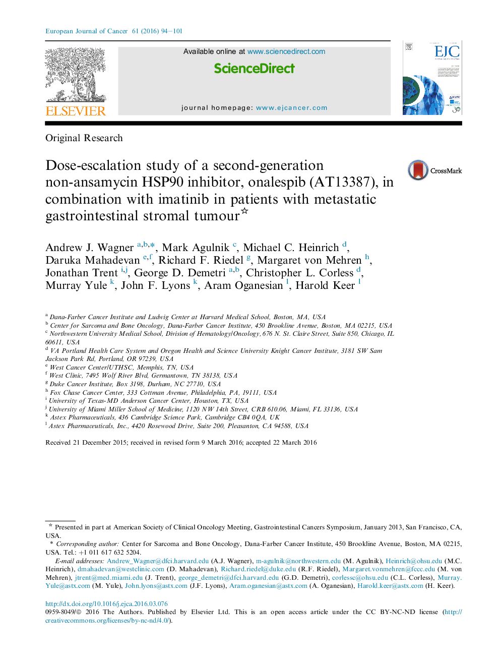 Dose-escalation study of a second-generation non-ansamycin HSP90 inhibitor, onalespib (AT13387), in combination with imatinib in patients with metastatic gastrointestinal stromal tumour