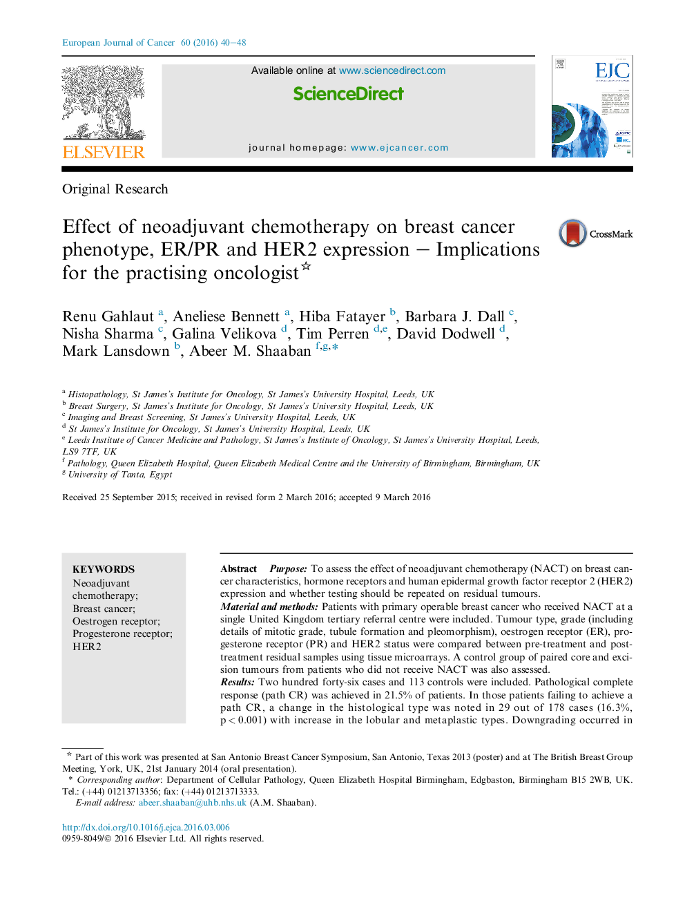 Effect of neoadjuvant chemotherapy on breast cancer phenotype, ER/PR and HER2 expression - Implications for the practising oncologist