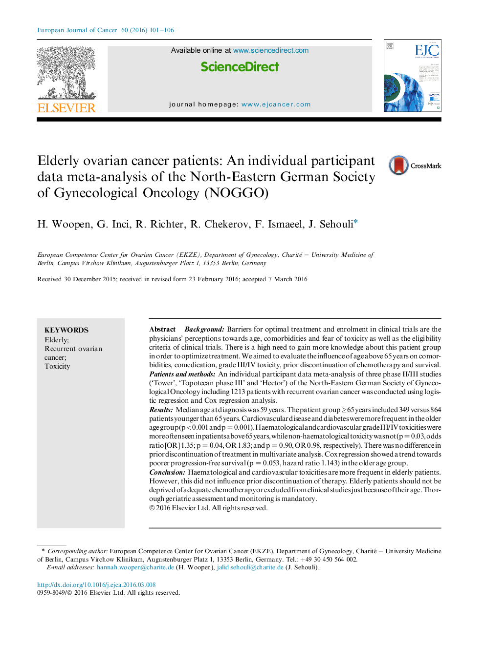 Elderly ovarian cancer patients: An individual participant data meta-analysis of the North-Eastern German Society of Gynecological Oncology (NOGGO)