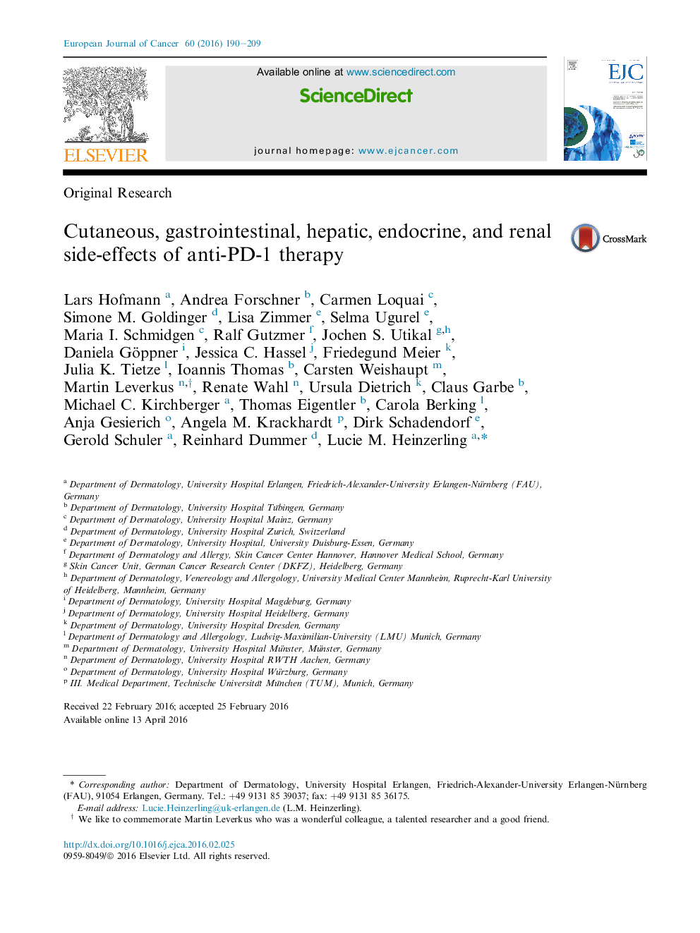 Cutaneous, gastrointestinal, hepatic, endocrine, and renal side-effects of anti-PD-1 therapy