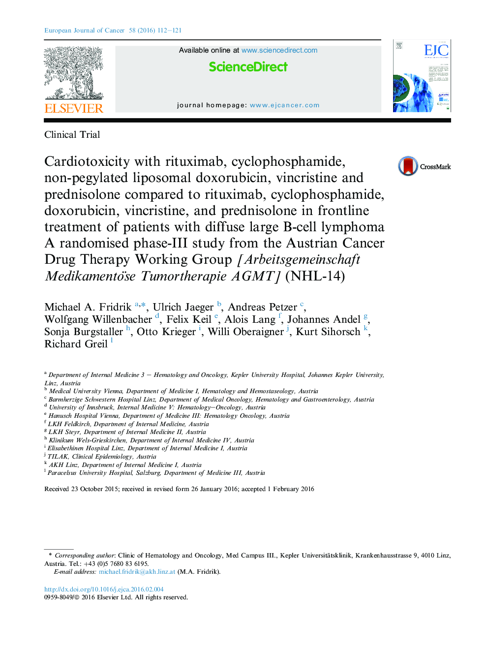 Cardiotoxicity with rituximab, cyclophosphamide, non-pegylated liposomal doxorubicin, vincristine and prednisoloneÂ compared to rituximab, cyclophosphamide, doxorubicin, vincristine, and prednisolone in frontline treatment of patients with diffuse large B