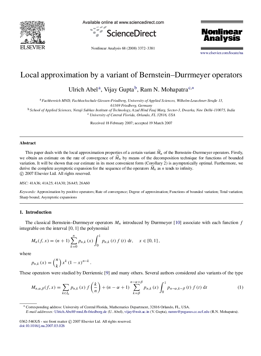 Local approximation by a variant of Bernstein–Durrmeyer operators