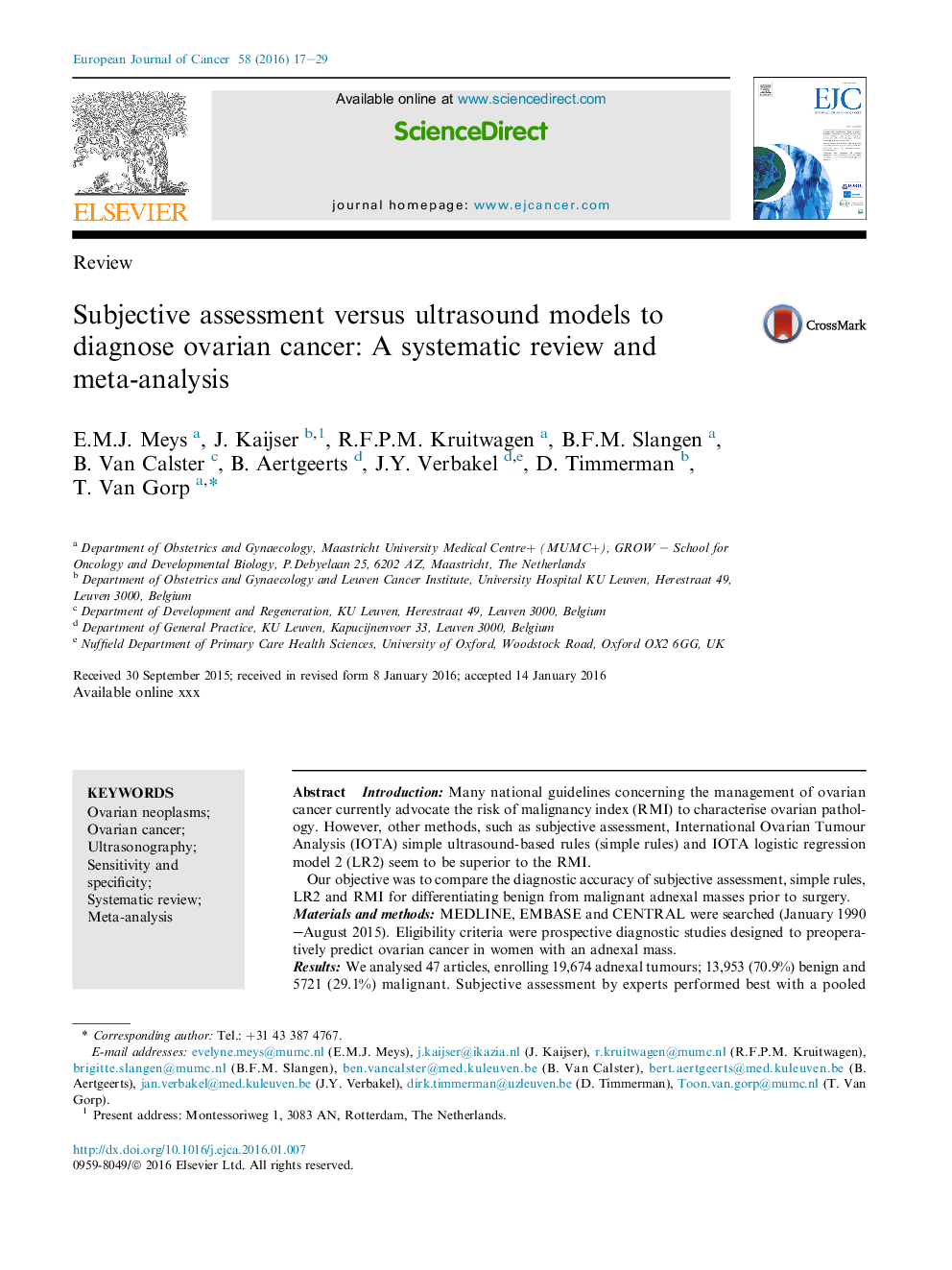 Subjective assessment versus ultrasound models to diagnose ovarian cancer: A systematic review and meta-analysis