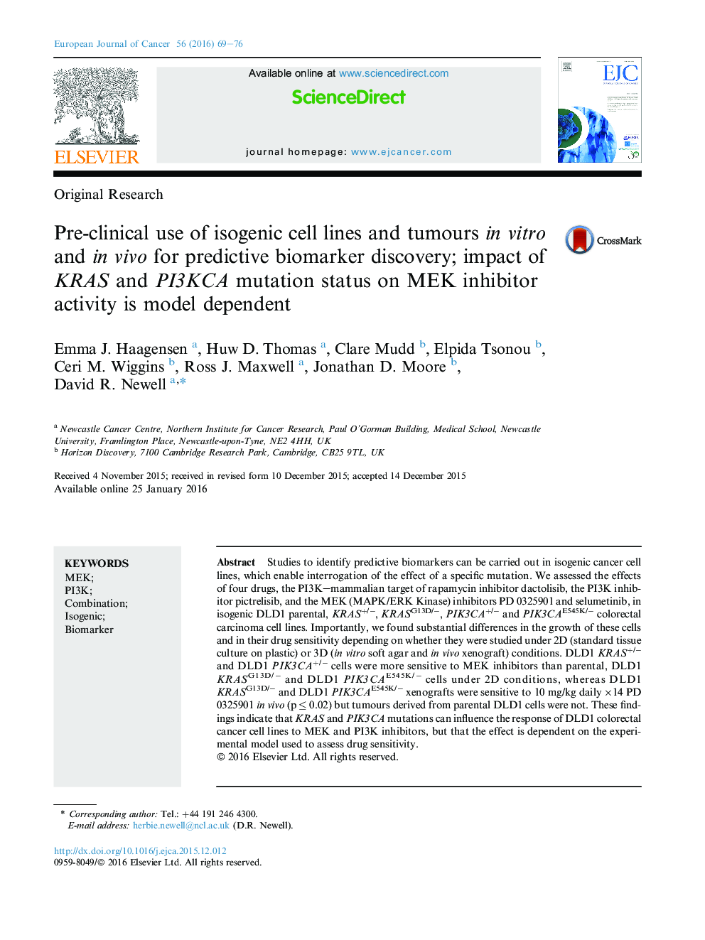 Pre-clinical use of isogenic cell lines and tumours inÂ vitro and inÂ vivo for predictive biomarker discovery; impact of KRAS and PI3KCA mutation status on MEK inhibitor activity is model dependent