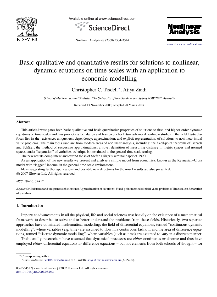 Basic qualitative and quantitative results for solutions to nonlinear, dynamic equations on time scales with an application to economic modelling