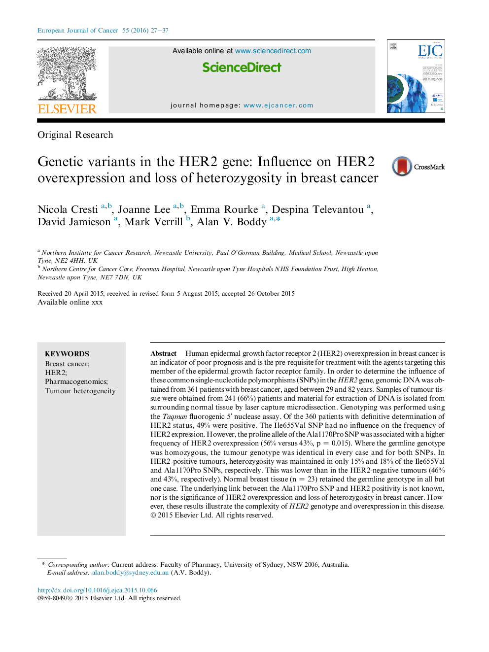 Genetic variants in the HER2 gene: Influence on HER2 overexpression and loss of heterozygosity in breast cancer