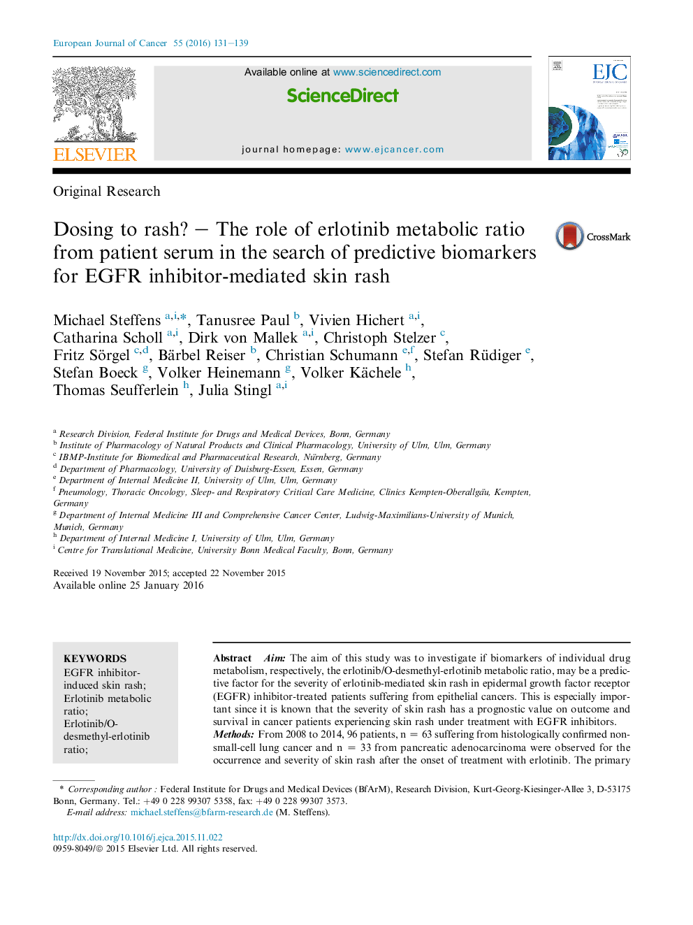 Dosing to rash? - The role of erlotinib metabolic ratio from patient serum in the search of predictive biomarkers for EGFR inhibitor-mediated skin rash