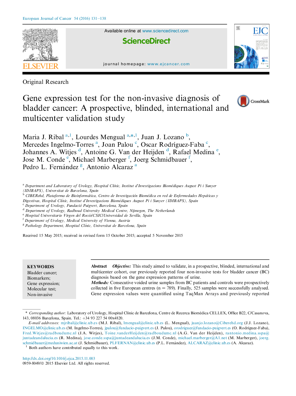 Gene expression test for the non-invasive diagnosis of bladder cancer: A prospective, blinded, international and multicenter validation study