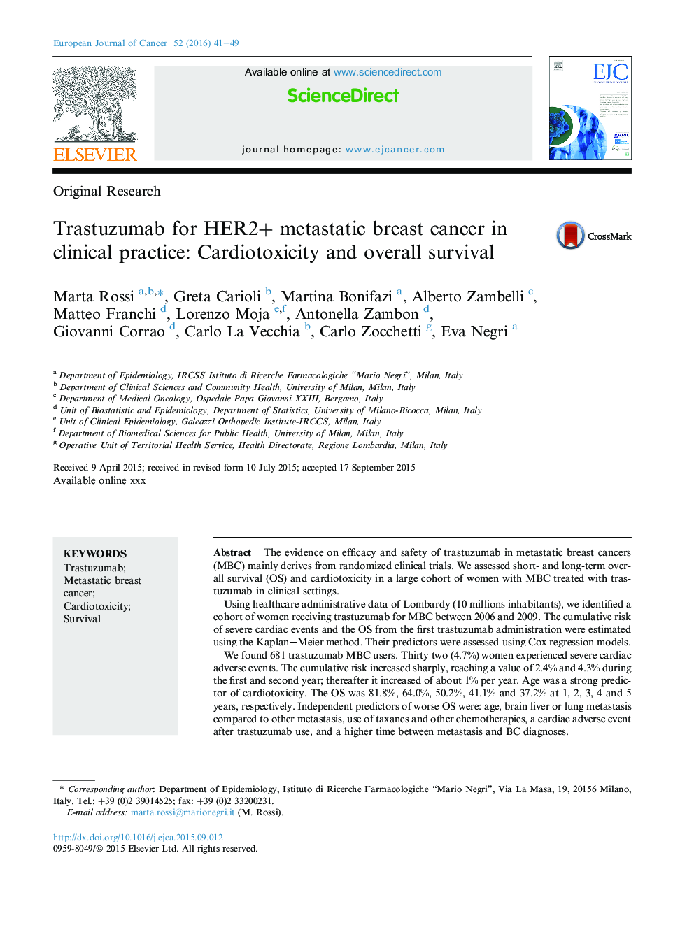 Trastuzumab for HER2+ metastatic breast cancer in clinical practice: Cardiotoxicity and overall survival