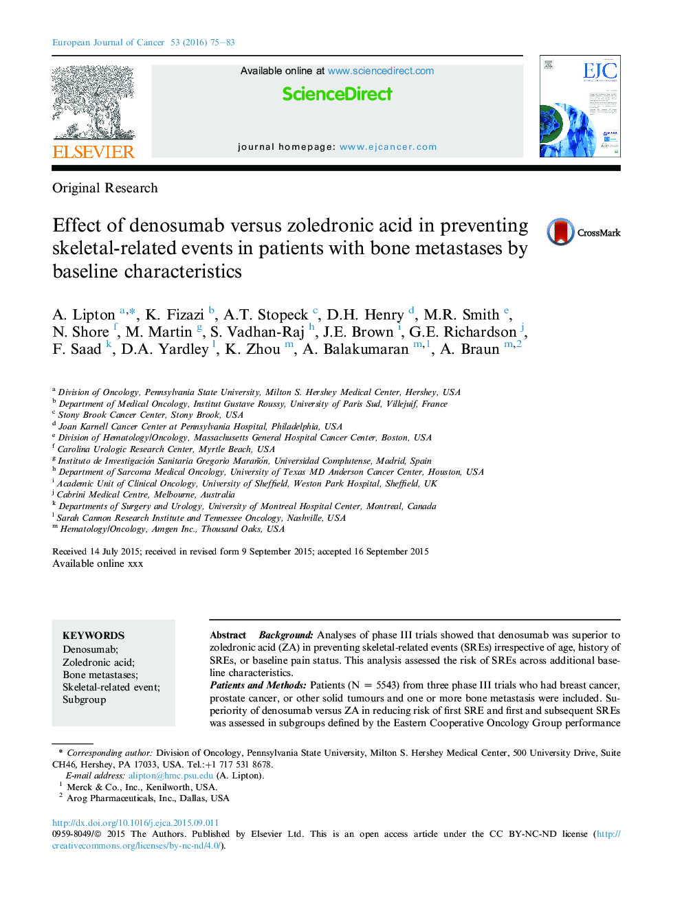 Effect of denosumab versus zoledronic acid in preventing skeletal-related events in patients with bone metastases by baseline characteristics