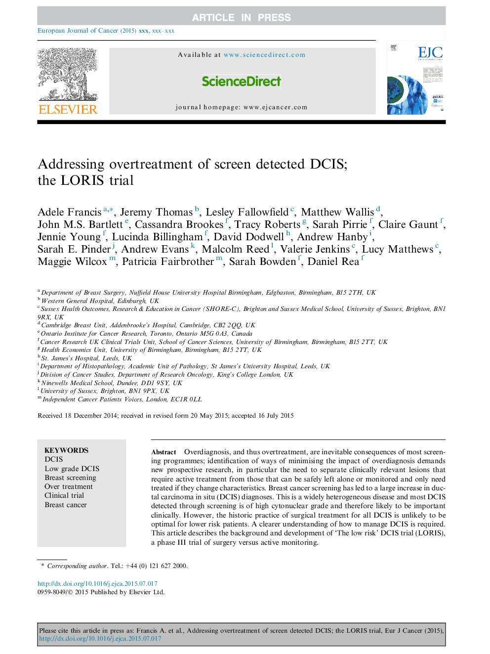 Addressing overtreatment of screen detected DCIS; the LORIS trial