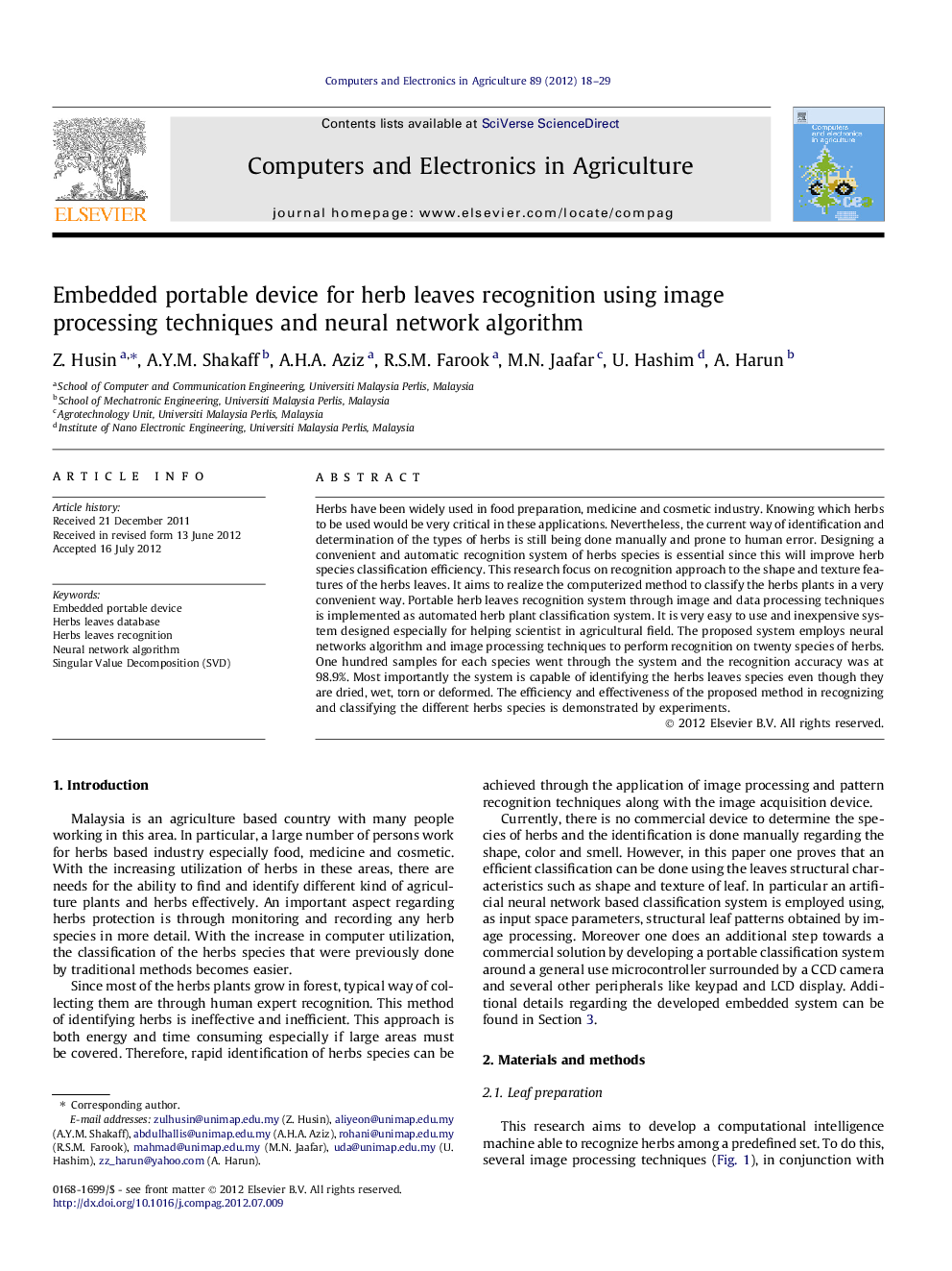 Embedded portable device for herb leaves recognition using image processing techniques and neural network algorithm