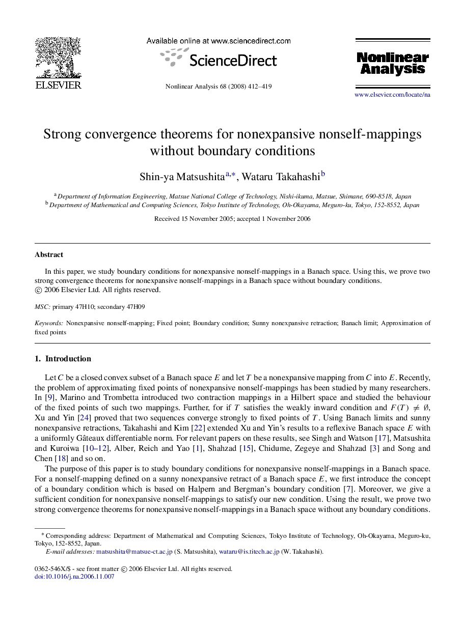 Strong convergence theorems for nonexpansive nonself-mappings without boundary conditions