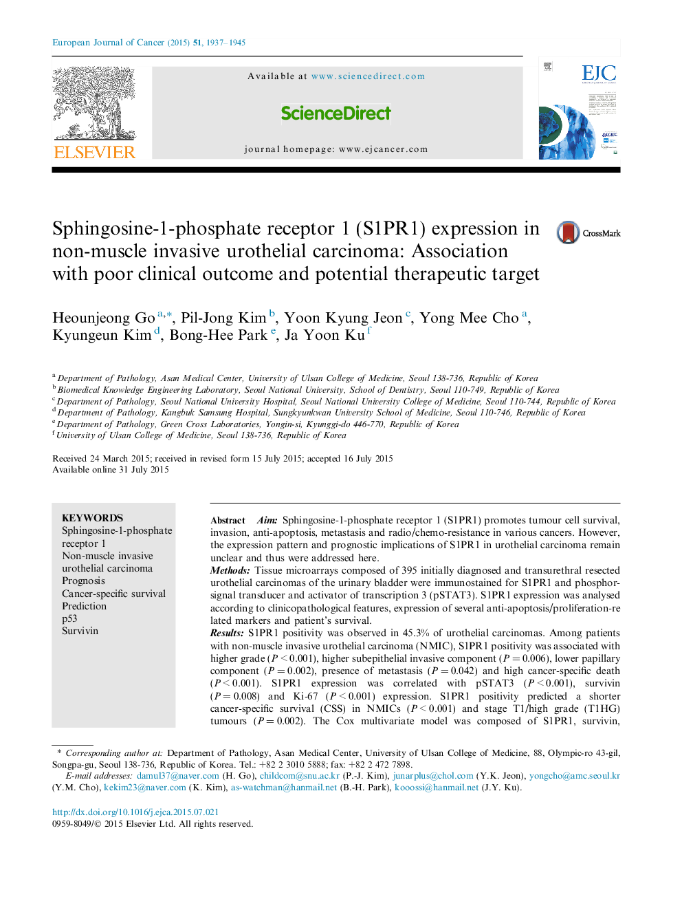 Sphingosine-1-phosphate receptor 1 (S1PR1) expression in non-muscle invasive urothelial carcinoma: Association with poor clinical outcome and potential therapeutic target