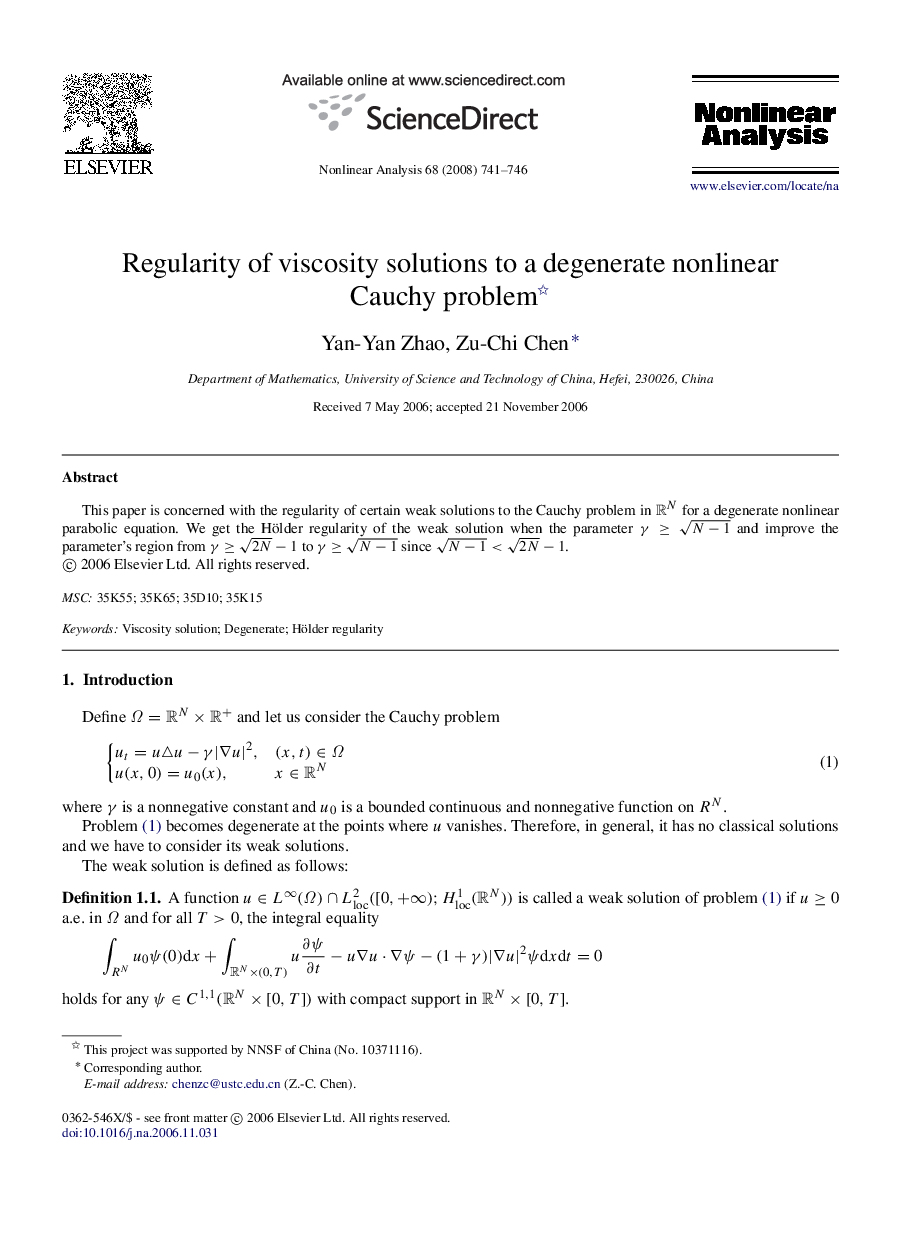 Regularity of viscosity solutions to a degenerate nonlinear Cauchy problem 
