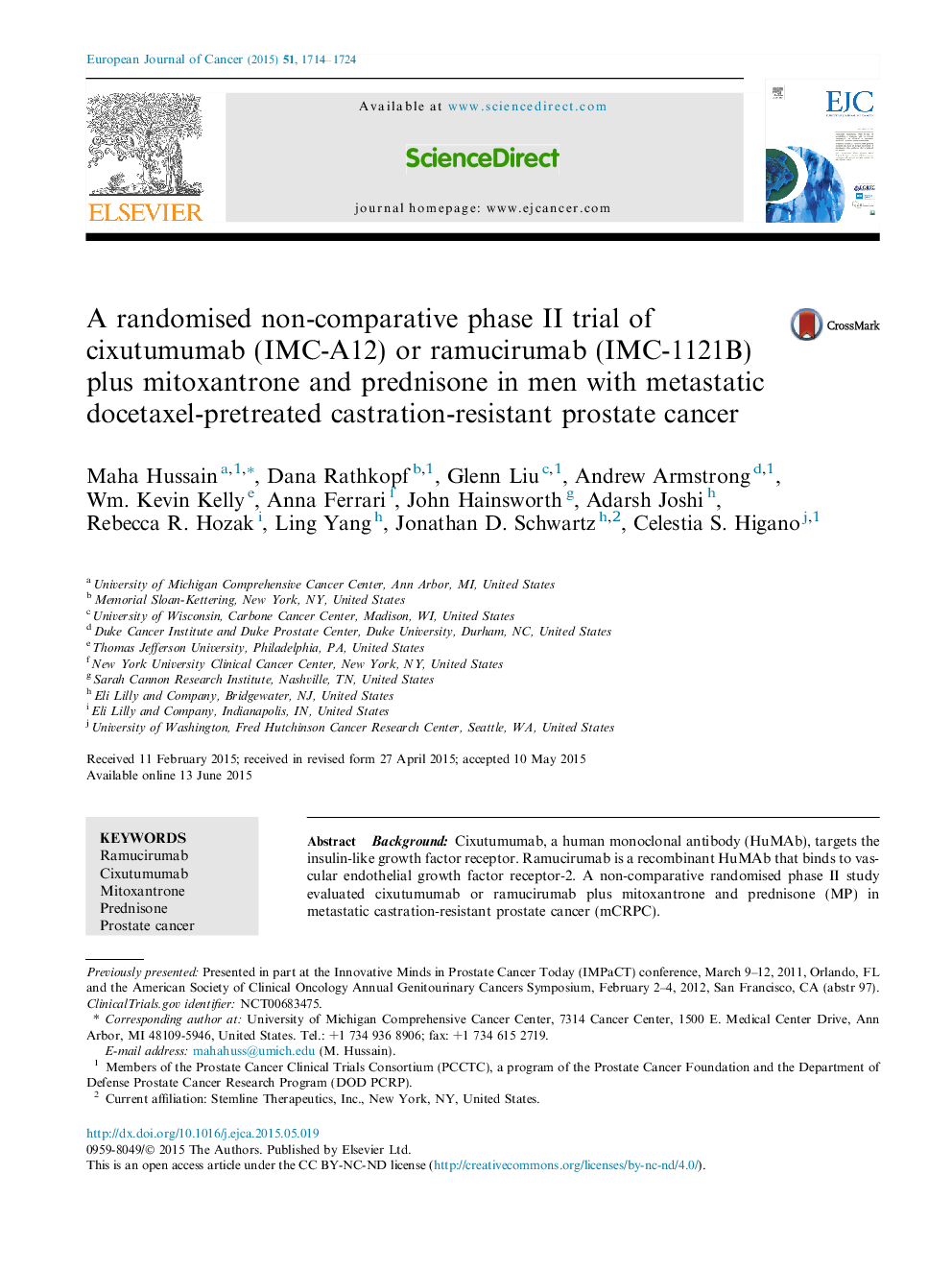 A randomised non-comparative phase II trial of cixutumumab (IMC-A12) or ramucirumab (IMC-1121B) plus mitoxantrone and prednisone in men with metastatic docetaxel-pretreated castration-resistant prostate cancer