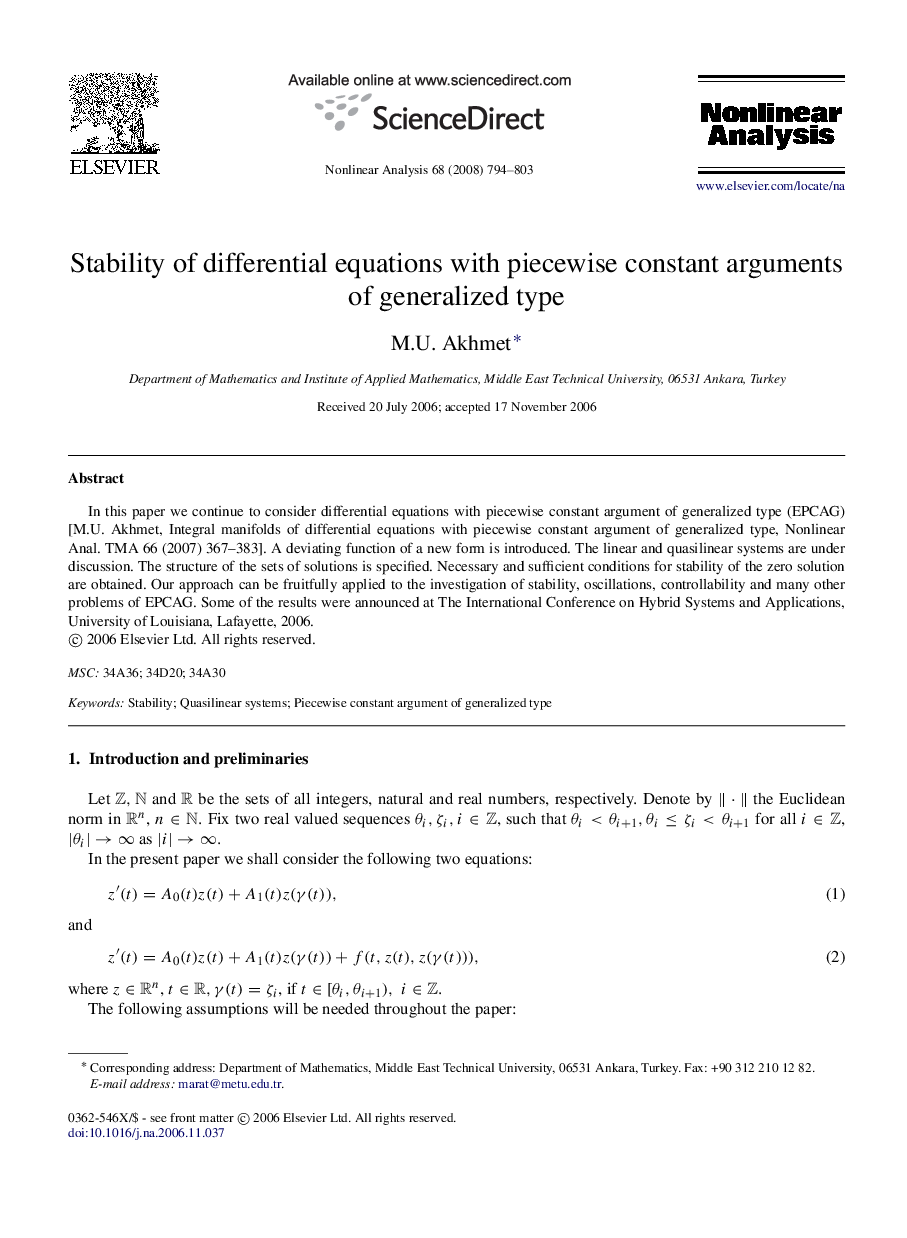 Stability of differential equations with piecewise constant arguments of generalized type