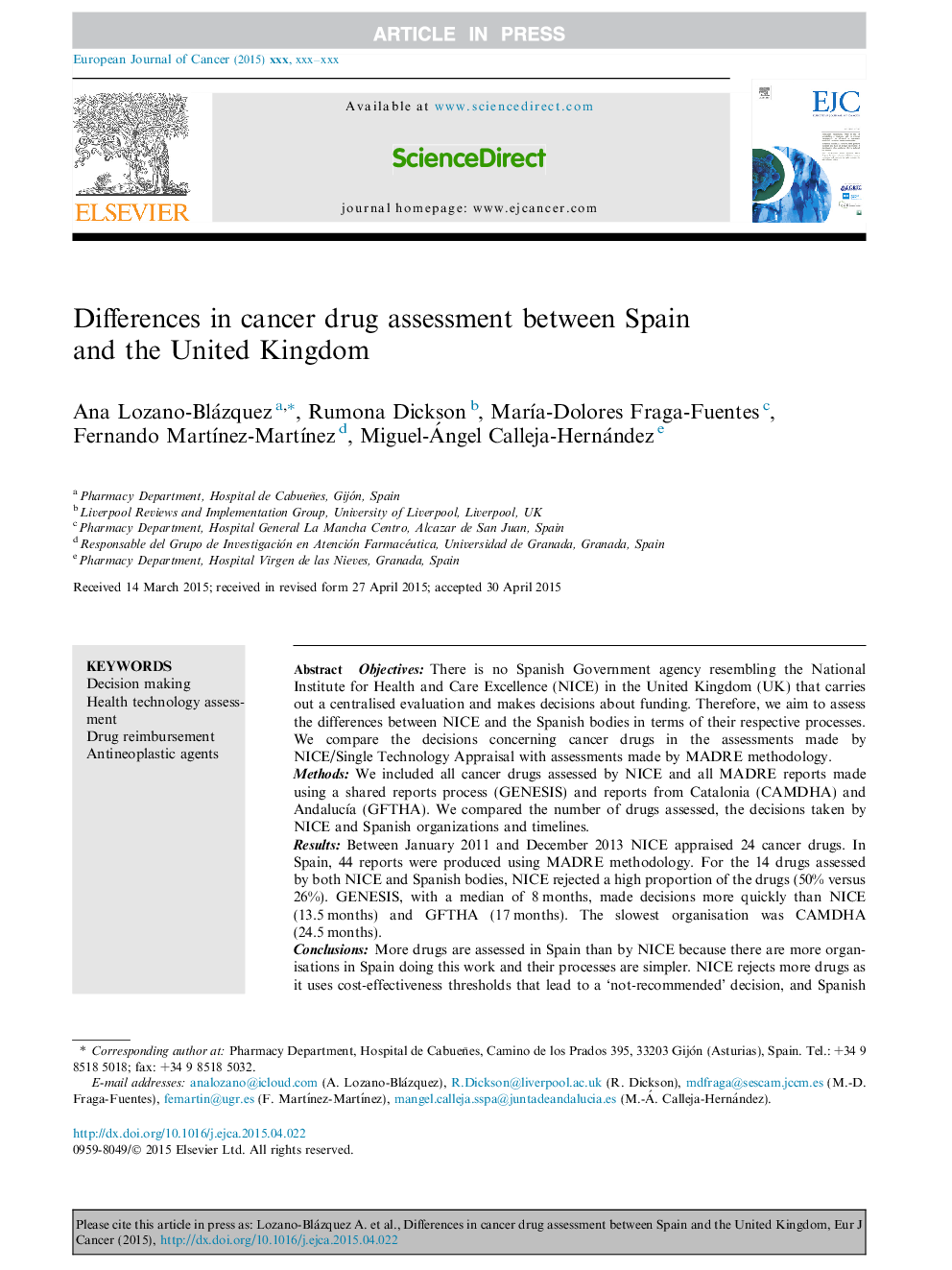 Differences in cancer drug assessment between Spain and the United Kingdom