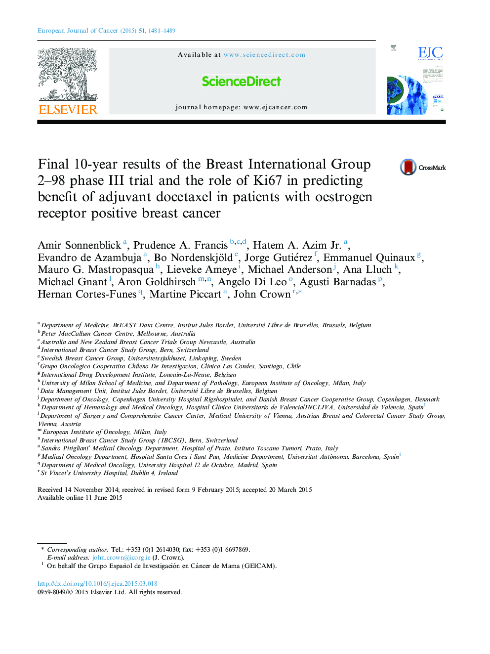 Final 10-year results of the Breast International Group 2-98 phase III trial and the role of Ki67 in predicting benefit of adjuvant docetaxel in patients with oestrogen receptor positive breast cancer