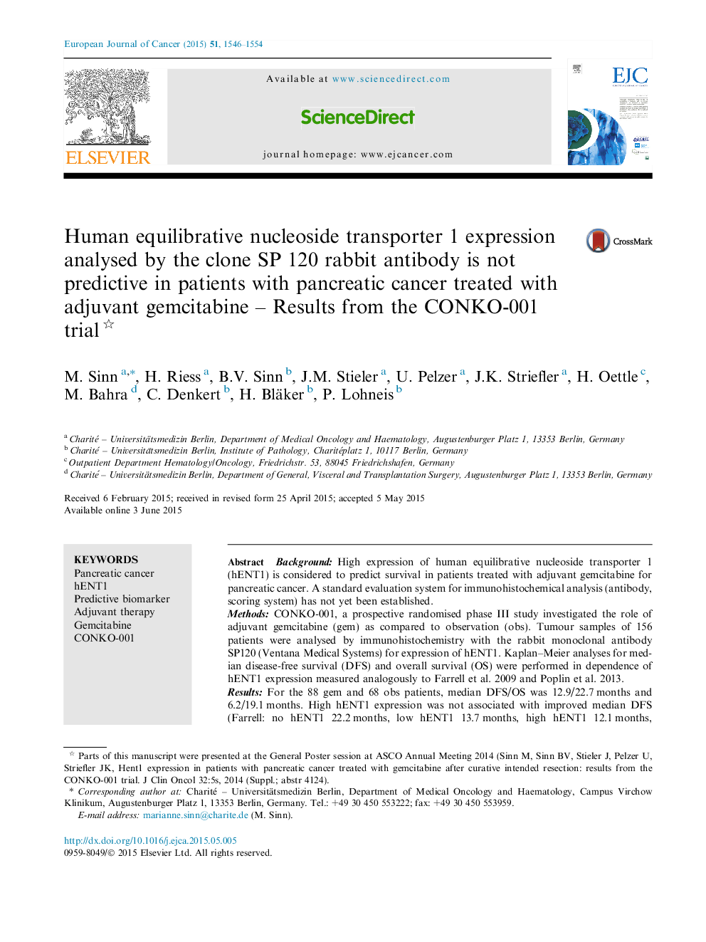 Human equilibrative nucleoside transporter 1 expression analysed by the clone SP 120 rabbit antibody is not predictive in patients with pancreatic cancer treated with adjuvant gemcitabine - Results from the CONKO-001 trial